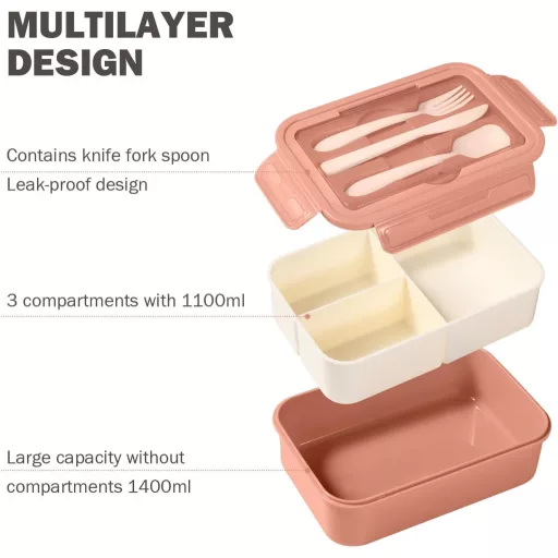 Diboniur Bento Box 1400ml Compartmentes Ételhordó Rózsaszín Mikrózható Gyerekeknek Felnőtteknek