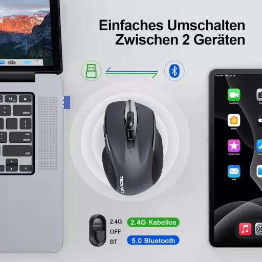 Mouse Bluetooth TECKNET 4800 DPI Wireless Ergonomic Silențios pentru Laptop PC Mac