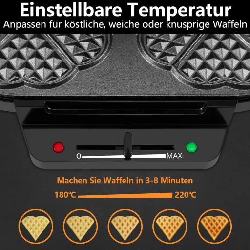 YASHE Szív alakú dupla gofrisütő, 1200W, 5 hőfok, tapadásmentes bevonat