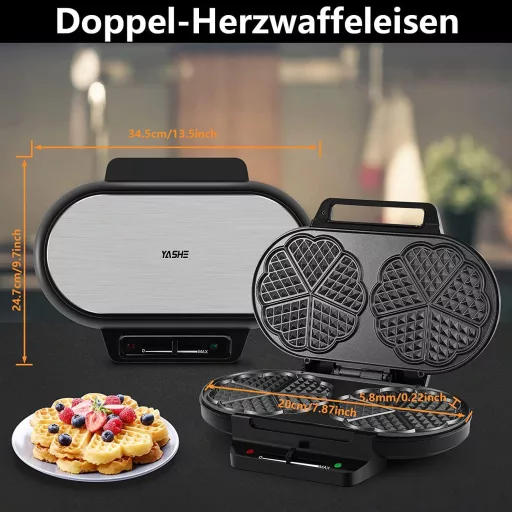 YASHE Szív alakú dupla gofrisütő, 1200W, 5 hőfok, tapadásmentes bevonat