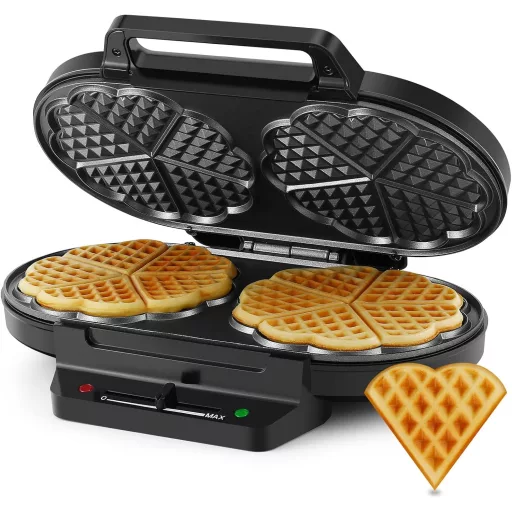 YASHE Szív alakú dupla gofrisütő, 1200W, 5 hőfok, tapadásmentes bevonat