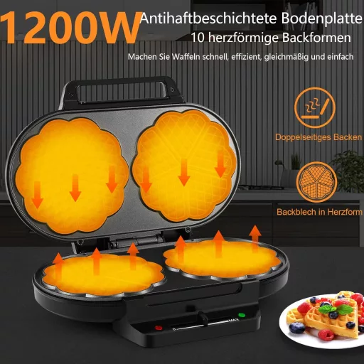 YASHE Szív alakú dupla gofrisütő, 1200W, 5 hőfok, tapadásmentes bevonat