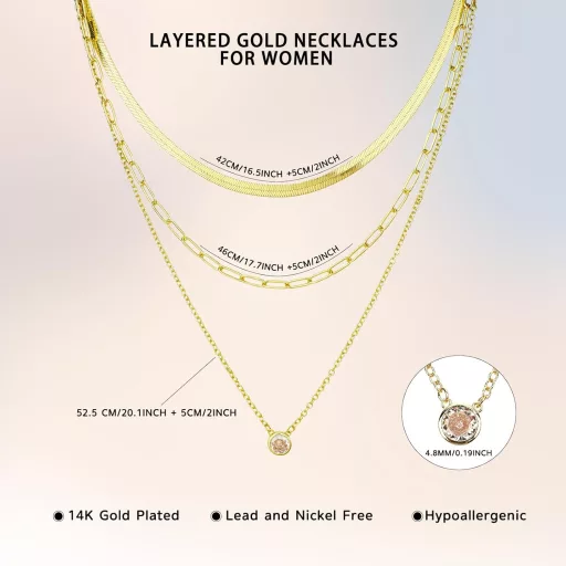 Colier multistrat pentru femei DIVINA VITAE, placat cu aur de 14K - Bijuterie elegantă cu pandantiv de zirconiu, lanț șarpe plat, choker din oțel inoxidabil