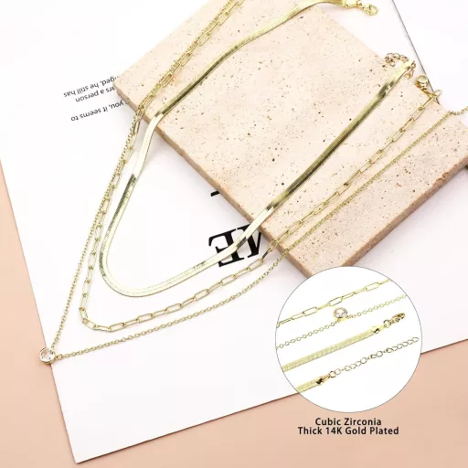 Colier multistrat pentru femei DIVINA VITAE, placat cu aur de 14K - Bijuterie elegantă cu pandantiv de zirconiu, lanț șarpe plat, choker din oțel inoxidabil