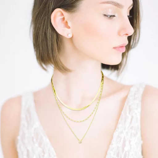 Colier multistrat pentru femei DIVINA VITAE, placat cu aur de 14K - Bijuterie elegantă cu pandantiv de zirconiu, lanț șarpe plat, choker din oțel inoxidabil