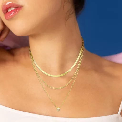 Colier multistrat pentru femei DIVINA VITAE, placat cu aur de 14K - Bijuterie elegantă cu pandantiv de zirconiu, lanț șarpe plat, choker din oțel inoxidabil