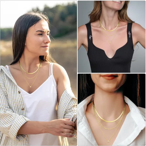 Colier multistrat pentru femei DIVINA VITAE, placat cu aur de 14K - Bijuterie elegantă cu pandantiv de zirconiu, lanț șarpe plat, choker din oțel inoxidabil