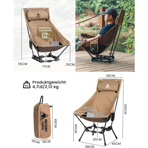 OneTigris Dragonhide összecsukható kemping szék, 125 kg terhelhetőség, oldaltáskákkal