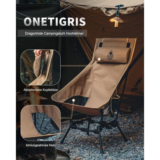 OneTigris Dragonhide összecsukható kemping szék, 125 kg terhelhetőség, oldaltáskákkal