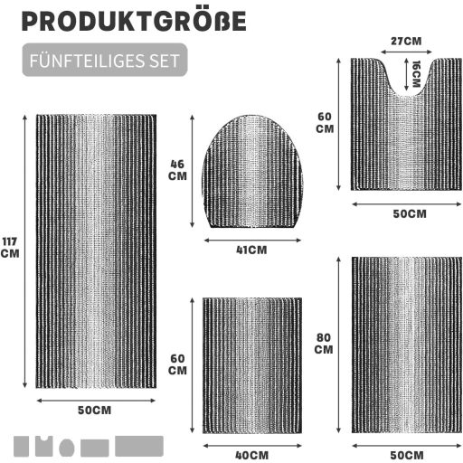 Chakme Chenille set tepiha za kupaonicu, 5 dijelova, debeli protuklizni otirač za kupaonicu, crni