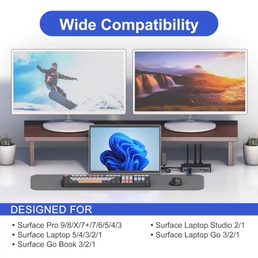 Rytaki 12-v-1 dokovacia stanica pre Microsoft Surface – podpora troch monitorov (Dual HDMI+VGA), kompatibilná s 4K, pre rady Surface Pro/Laptop/Book