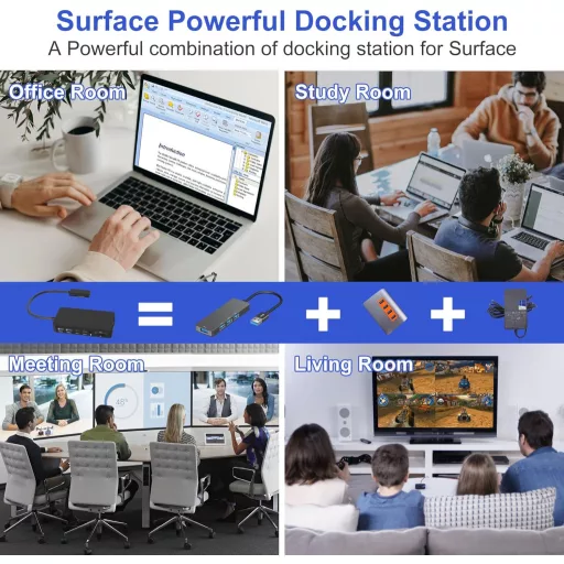 Rytaki 12-v-1 dokovacia stanica pre Microsoft Surface – podpora troch monitorov (Dual HDMI+VGA), kompatibilná s 4K, pre rady Surface Pro/Laptop/Book
