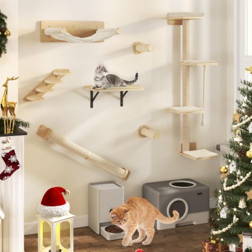 Mobilier de perete pentru pisici BootyBay, din lemn, set de 7 piese - Arbore de cățărat cu 3 stâlpi de zgâriat, 4 trepte, hamac și culcuș pentru pisici, sistem modular de perete cu 4 platforme