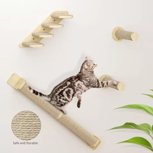 Mobilier de perete pentru pisici BootyBay, din lemn, set de 7 piese - Arbore de cățărat cu 3 stâlpi de zgâriat, 4 trepte, hamac și culcuș pentru pisici, sistem modular de perete cu 4 platforme