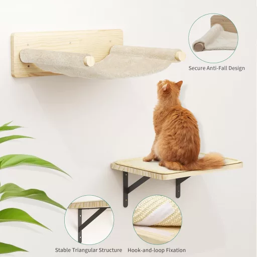 Mobilier de perete pentru pisici BootyBay, din lemn, set de 7 piese - Arbore de cățărat cu 3 stâlpi de zgâriat, 4 trepte, hamac și culcuș pentru pisici, sistem modular de perete cu 4 platforme