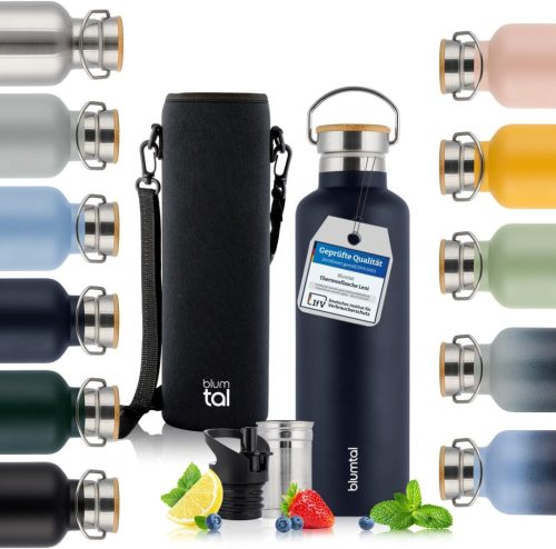 Blumtal Termosz 750ml - Dupla Falú Rozsdamentes Acél Kulacs Teaszűrővel - Hőszigetelt BPA-mentes Ivópalack Sportfedéllel és Neoprén Tartóval