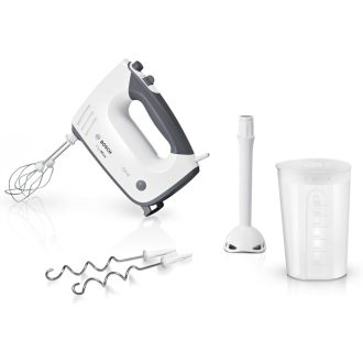   Bosch ErgoMixx MFQ37470 Hand Mixer, with Purée Stick, Mixing Cup, Stainless Steel Stirrer, Dough Hook, Dishwasher Safe, 5 Levels Plus Turbo Button, White/Grey, 750 W
