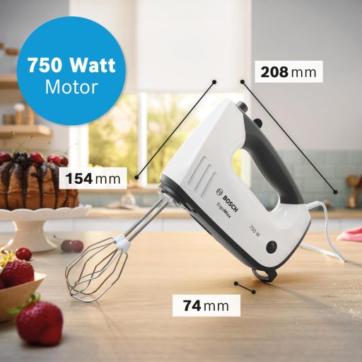 Bosch ErgoMixx MFQ37470 Hand Mixer, with Purée Stick, Mixing Cup, Stainless Steel Stirrer, Dough Hook, Dishwasher Safe, 5 Levels Plus Turbo Button, White/Grey, 750 W