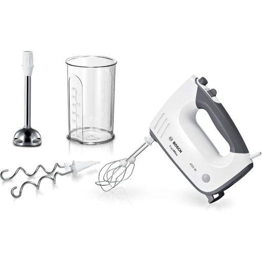 Bosch ErgoMixx MFQ37470 Hand Mixer, with Purée Stick, Mixing Cup, Stainless Steel Stirrer, Dough Hook, Dishwasher Safe, 5 Levels Plus Turbo Button, White/Grey, 750 W