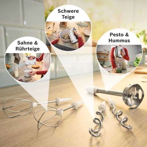 Bosch ErgoMixx MFQ37470 Hand Mixer, with Purée Stick, Mixing Cup, Stainless Steel Stirrer, Dough Hook, Dishwasher Safe, 5 Levels Plus Turbo Button, White/Grey, 750 W