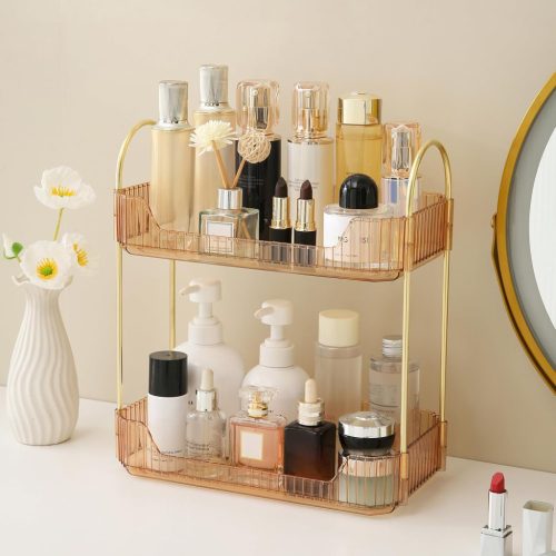 SPACEKEEPER Suport Dublu Auriu pentru Machiaj - Organizator Cosmetic pentru Masă