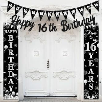   Kreatwow 16. Születésnapi Dekoráció Fekete Ezüst Banner Girland Férfiaknak Nőknek