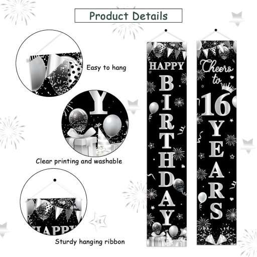 Kreatwow 16. Születésnapi Dekoráció Fekete Ezüst Banner Girland Férfiaknak Nőknek