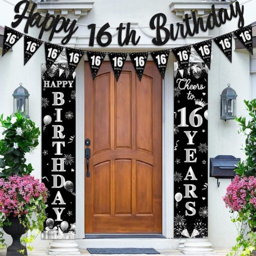 Kreatwow 16. Születésnapi Dekoráció Fekete Ezüst Banner Girland Férfiaknak Nőknek