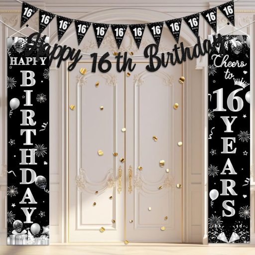 Kreatwow 16. Születésnapi Dekoráció Fekete Ezüst Banner Girland Férfiaknak Nőknek