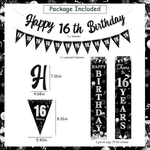 Kreatwow 16. Születésnapi Dekoráció Fekete Ezüst Banner Girland Férfiaknak Nőknek