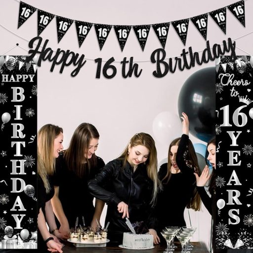 Kreatwow 16. Születésnapi Dekoráció Fekete Ezüst Banner Girland Férfiaknak Nőknek