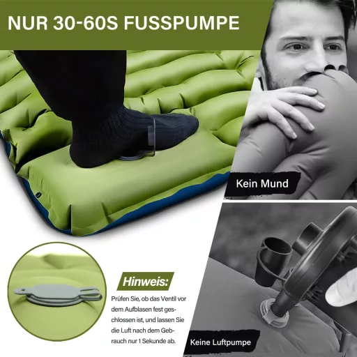 Yuzonc Önfelfújó Kempingmatrac - 10 cm Vastag Hálózsák Alátét Beépített Párnával és Lábpumpával - Ultrakönnyű Túramatrac Kültéri Használatra