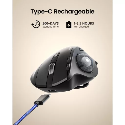ProtoArc EM01 NL Trackball Egér - Állítható Szögű, Hüvelykujj Vezérlésű, Vezeték Nélküli, 3 Csatlakozási Mód, 5 DPI Szint, Újratölthető, Fek