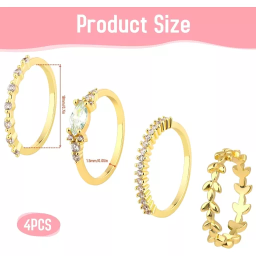 DIVINA VITAE Set de 4 inele de damă suprapuse, placate cu aur de 18K, cu pietre de zirconiu, inele subțiri elegante hipoalergenice, material de bază cupru