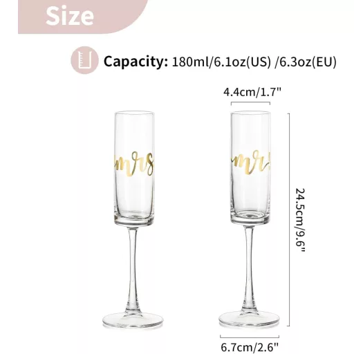 NUPTIO Sada pohárov na šampanské Arany s nápisom Mr & Mrs – 2 ks Elegantné gravírované sklenené poháre na svadbu, výročie, zásnuby