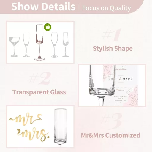 NUPTIO Sada pohárov na šampanské Arany s nápisom Mr & Mrs – 2 ks Elegantné gravírované sklenené poháre na svadbu, výročie, zásnuby