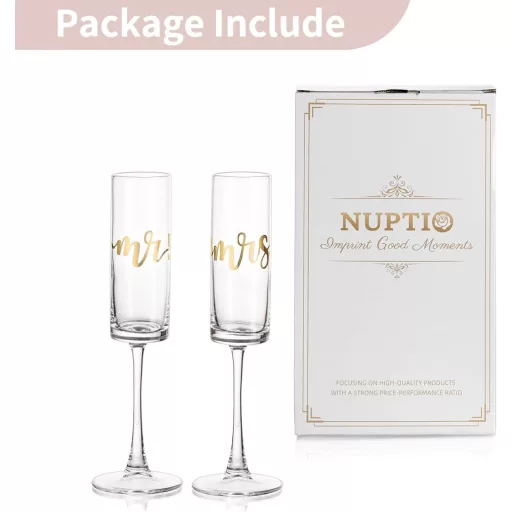 Set NUPTIO Pahare de Șampanie Aurii cu Inscripția Mr & Mrs - 2 buc. Pahare Elegante Gravate pentru Nuntă, Aniversare, Logodnă