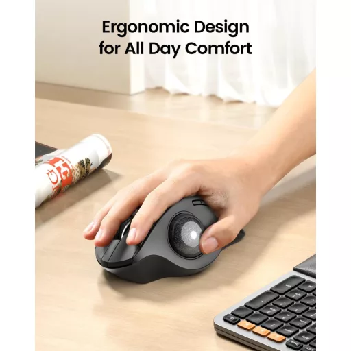 Mouse trackball ProtoArc EM01 NL - Unghi ajustabil, controlat cu degetul mare, fără fir, 3 moduri de conectare, 5 niveluri DPI, reîncărcabil, negru