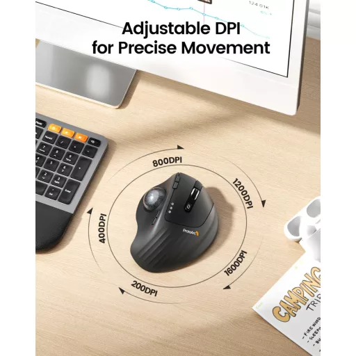 Mouse trackball ProtoArc EM01 NL - Unghi ajustabil, controlat cu degetul mare, fără fir, 3 moduri de conectare, 5 niveluri DPI, reîncărcabil, negru
