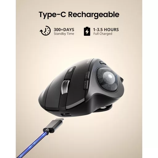 ProtoArc EM01 NL Trackball Egér - Állítható Szögű, Hüvelykujj-vezérlésű, Vezeték Nélküli, 3 Csatlakozási Mód, 5 DPI Szint, Újratölthető, Fek
