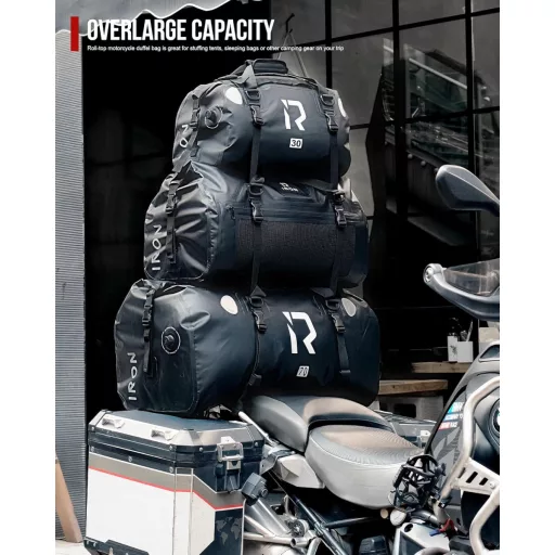 Geantă moto spate impermeabilă BORLENI 70L - Gri, coburi pentru drumeții, camping, ciclism - Geantă de voiaj reflectorizantă pentru motociclete