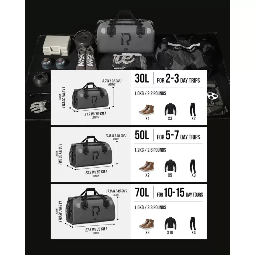 Geantă moto spate impermeabilă BORLENI 70L - Gri, coburi pentru drumeții, camping, ciclism - Geantă de voiaj reflectorizantă pentru motociclete