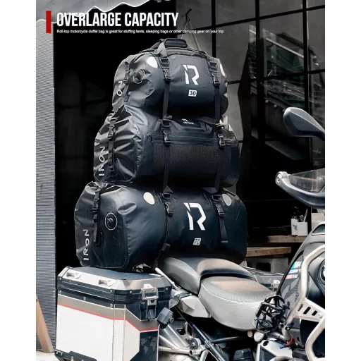 Geantă moto spate impermeabilă BORLENI 70L - Gri, coburi pentru drumeții, camping, ciclism - Geantă de voiaj reflectorizantă pentru motociclete