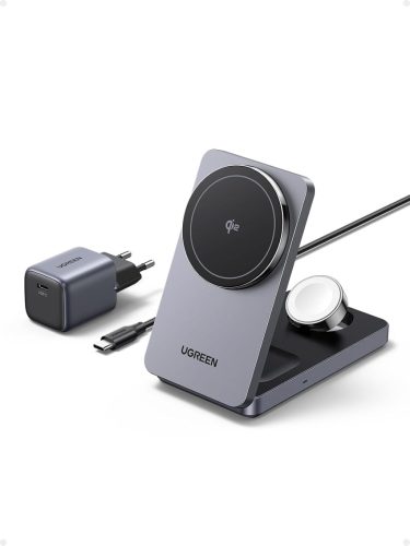 UGREEN MagFlow Qi2 15W 3-in-1 Vezeték Nélküli Töltőállomás iPhone 16/15/14/13/12, AirPods és Apple Watch Készülékekhez, Összecsukható Mágnes
