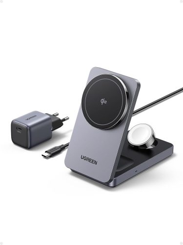 UGREEN MagFlow Qi2 15W 3-in-1 Vezeték Nélküli Töltőállomás iPhone 16/15/14/13/12, AirPods és Apple Watch Készülékekhez, Összecsukható Mágnes