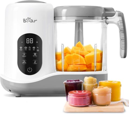 Aparat de preparat mâncare pentru bebeluși BEAR - Gătire automată la abur și mărunțire, recipient Tritan de 400 ml, fără BPA, funcție de autocurățare, aparat de gătit mâncare pentru bebeluși, culoare albă
