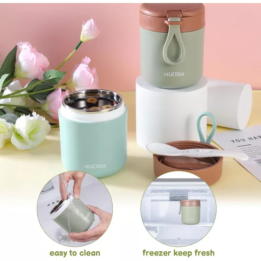Set 2 Termosuri Alimentare din Oțel Inoxidabil Jostift cu Lingură, 430ml, Verde și Albastru