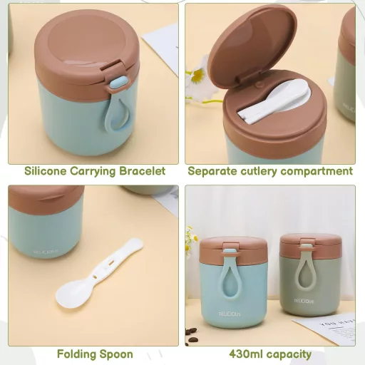 Set 2 Termosuri Alimentare din Oțel Inoxidabil Jostift cu Lingură, 430ml, Verde și Albastru
