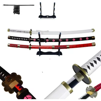   Hashiman Triple Katana One Piece Roronoa Zoro Shusui Wado Kitetsu szett fa állvánnyal