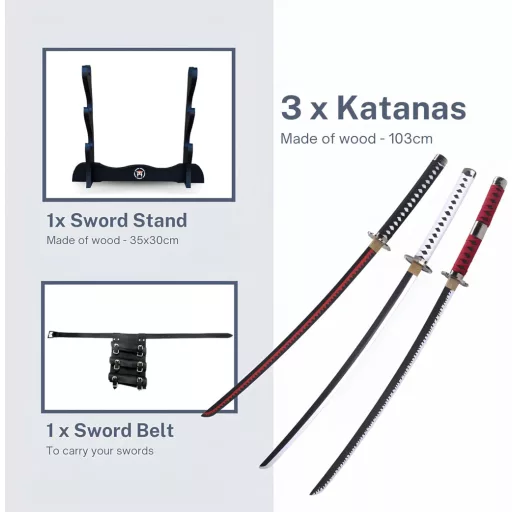 Hashiman Triple Katana One Piece Roronoa Zoro Shusui Wado Kitetsu szett fa állvánnyal